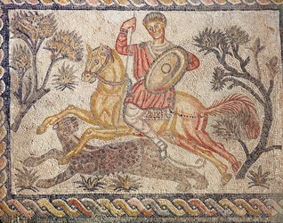 Un mosaico que representa una caza de leopardos, de la Villa de las Tiendas, c.326-400